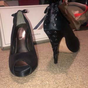 Black satin peep toe BCBG heels